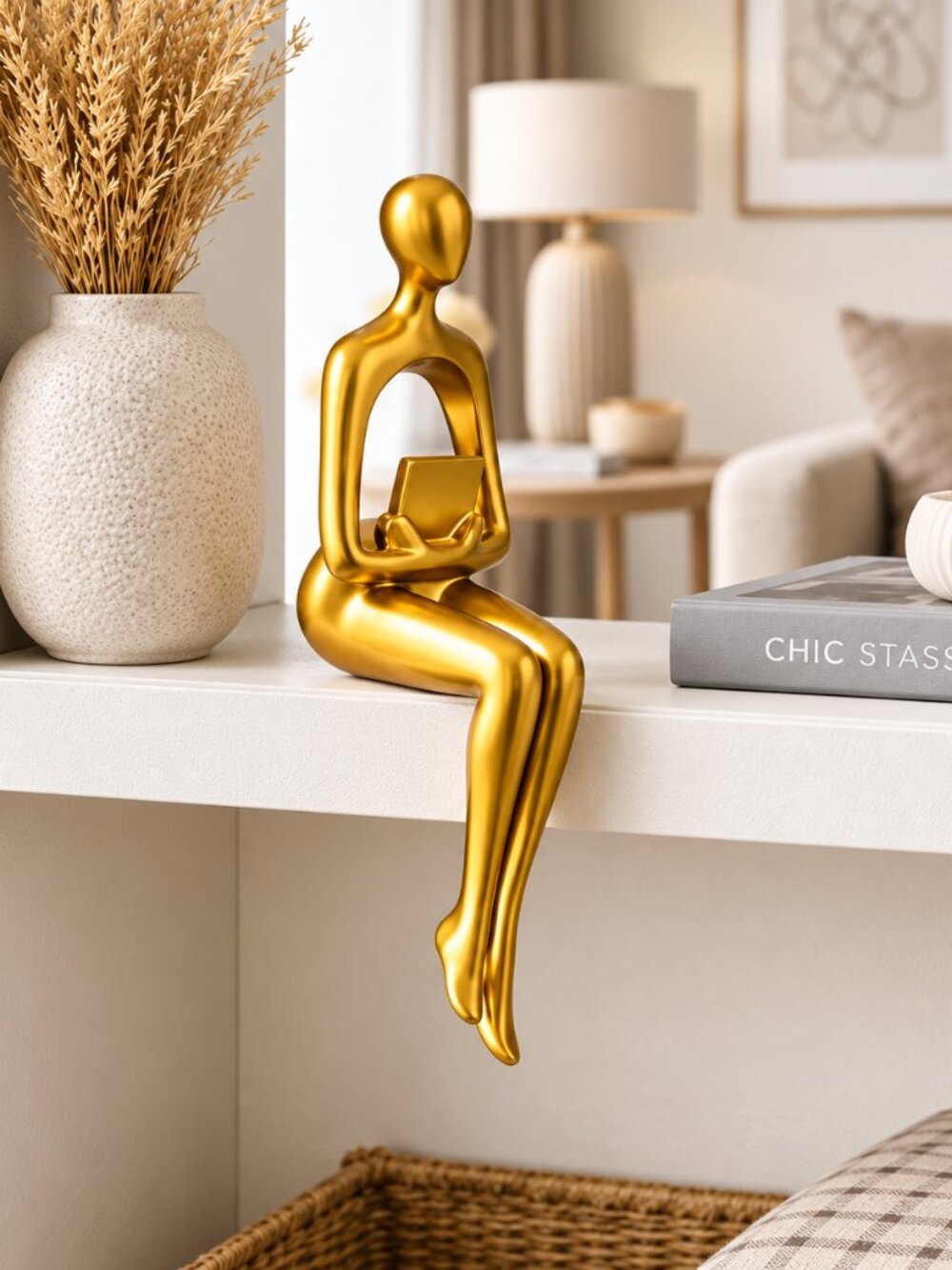 Gold Abstract Sitting Figure Sculpture – Modern Ceramic Home Decor – 9”